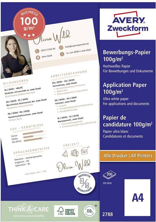 Actual product image Avery Inkjet-Bewerbungspapier, 200 Blatt (100 g/m², 200 x, A4)