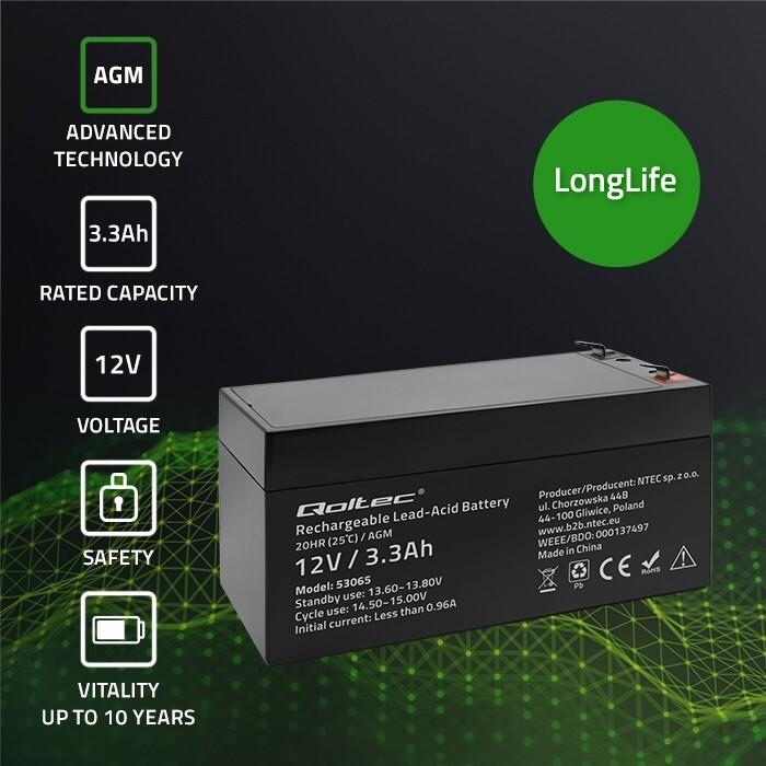 Actual product image Qoltec AGM 53065 (12 V, 3.30 Ah)