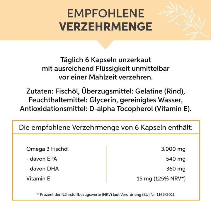 Valori nutrizionali e ingredienti Eltabia Omega 3 capsule 500mg di olio di pesce altamente dosato 3000mg di dose giornaliera con il 18% di (200 Pezzo/i, Pillole)