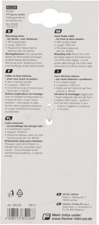 Actual product image Fischer Internal bicycle brake cable, with double nipple