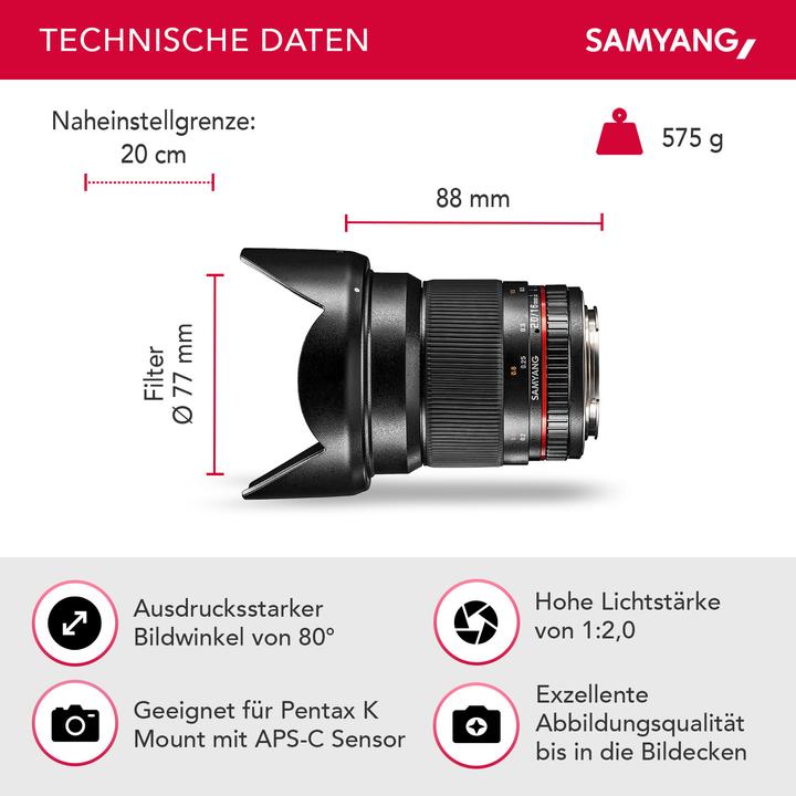 Produktbild Samyang 16mm F2.0 Pentax (Pentax K, APS-C / DX)