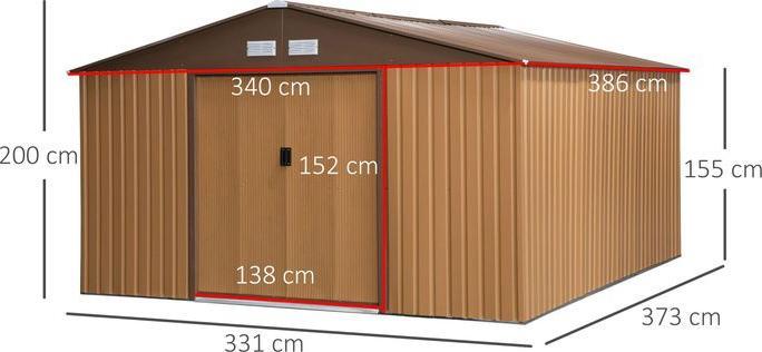 Produktbild Swisshandel24 Gerätehaus mit Bodenplatte Geräteschuppen Gartenhaus Garten Schuppen Metall Braun 340 x 386 x 200 cm