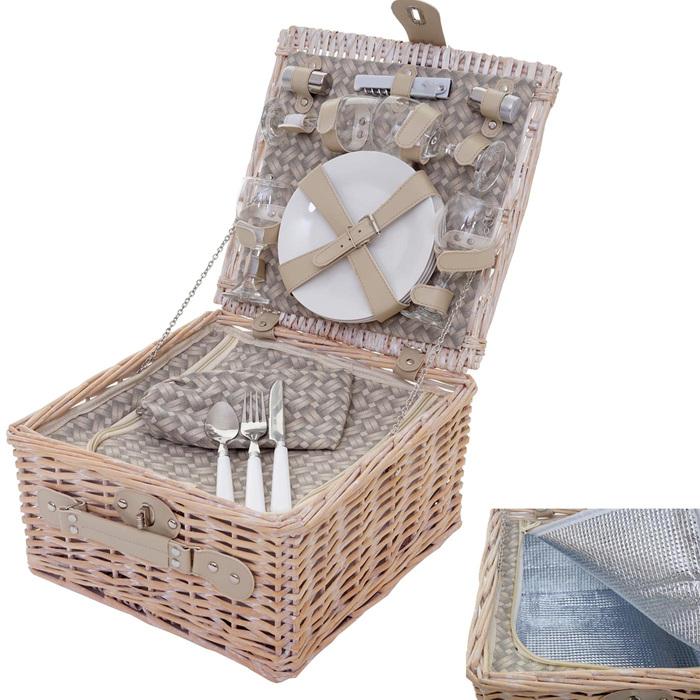 Swisshandel24 Picknickkorb-Set für 4 Personen, Picknicktasche + Kühlfach, Porzellan Glas Edelstahl, beige