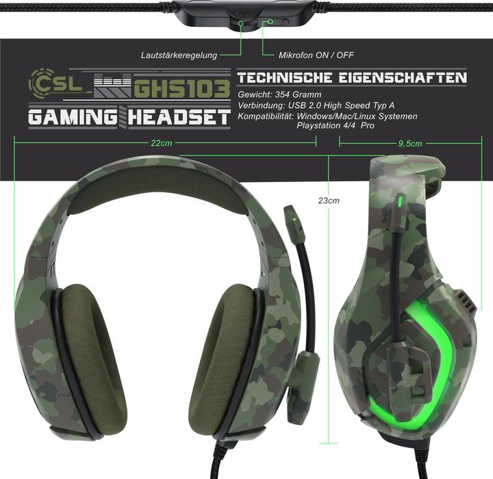 Actual product image CSL Gaming headset, USB "GHS-103" camouflage with microphone, over-ear headphones for PC, PS4 / 4 Pro (Cable)