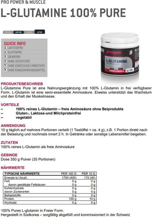 Valori nutrizionali e ingredienti Sponser L-Glutamin (1 Pezzo/i, Polvere, 350 g)