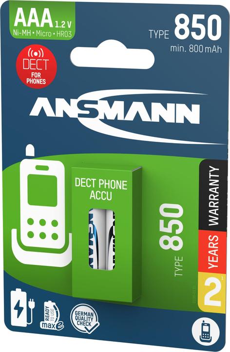Produktbild Ansmann Dect NiMH Akku Micro AAA Typ 850 (min. 800 mAh) maxE (2 Stk., AAA)