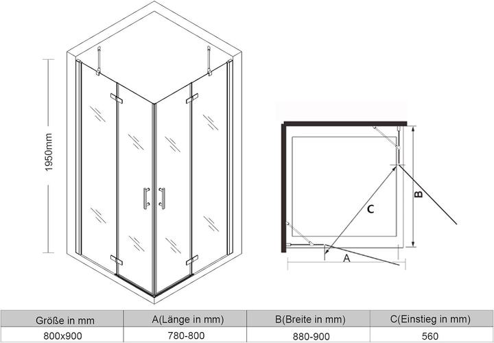 Produktbild SONNI Duschkabine Eckeinstieg Flügeltür ohne Rahmen 195cm 90x80cm (120 cm, 195 cm)