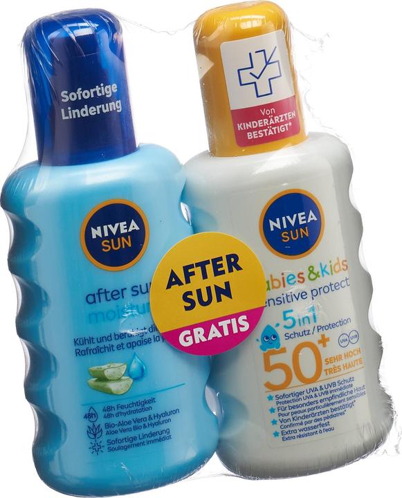 Produktbild NIVEA Mixpack Kids Sensitive Spray LSF50 400ml +After Sun Spray (Sonnenspray, SPF 50+, 400 ml, 458 g)