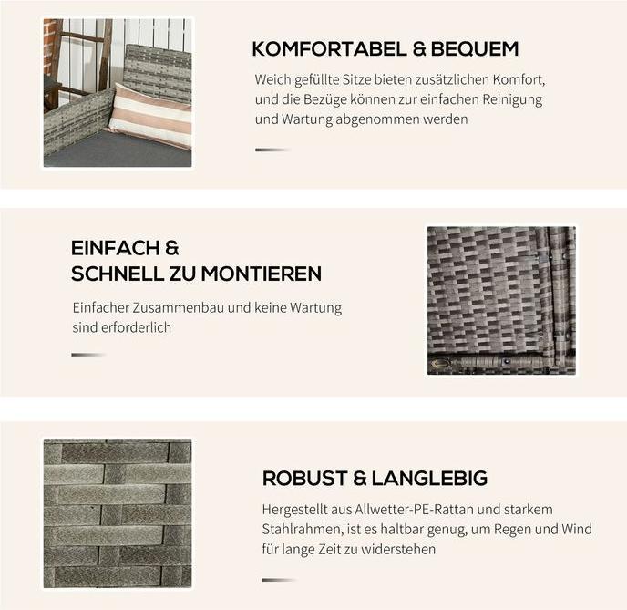 Actual product image Swisshandel24 Rattan Sofa mit Kissen, Dreisitzer, Garten Loungesofa, Stahl, Grau, 173 x 68 x 78 cm