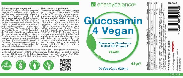 Nährwerte und Zutaten Energybalance Glucosamin 4 Vegan (90 Stück, Kapseln, 68 g)