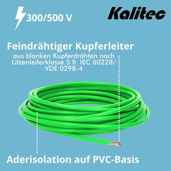 Image du produit Kalitec 10 mètres H05V-K 0,75 mm² vert Câble de câblage I Conducteur flexible I PVC Conducteur unique I (10 m)