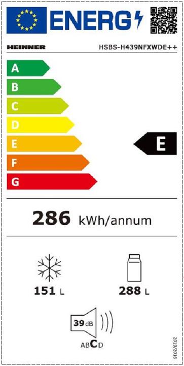 Label énergétique Heinner HSBS-H439NFXWDE++ (439 l)