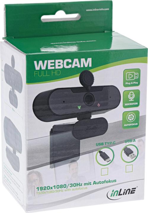 Actual product image InLine ® Webcam FullHD 1920x1080/30Hz with autofocus, USB Type-C connection cable (2.10 Mpx)
