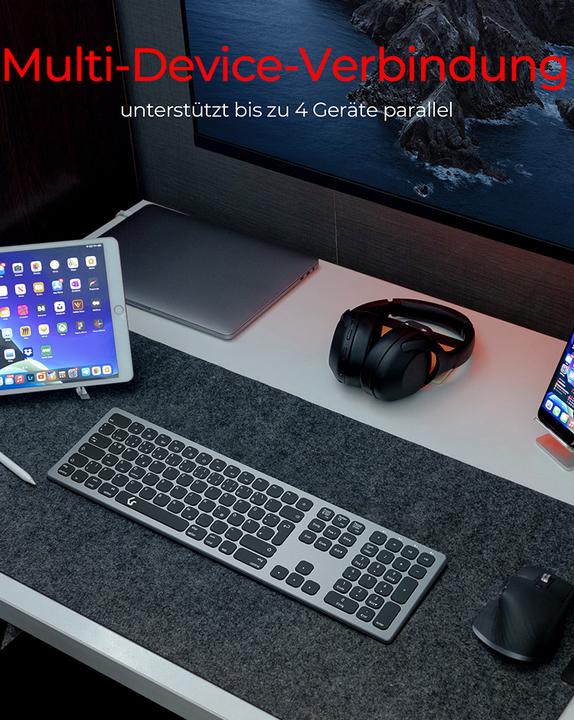 Produktbild KeySonic Full-Size Aluminium Tastatur, Bluetooth® & RF, für Win & macOS (DE, Kabellos)