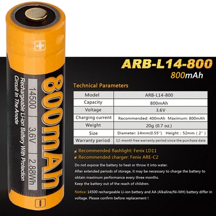 Immagine prodotto Fenix Batteria ricaricabile 14500 Mignon AA 3,6 Volt con elettronica di protezione ARB-L14-800