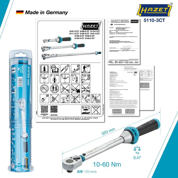 Actual product image HAZET Torque wrench 5110-3CT ∙ Nm min-max: 10 - 60 Nm ∙ Tolerance: 3% ∙ Square, solid 10 mm (3/8 in… (3/8", 10 Nm, 60 Nm)