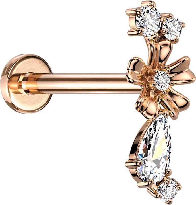 Image du produit Star Piercing Micro Labret femelle or rose Fleur quatre cristaux et bouchon de cristal argenté (Laiton, Acier chirurgical 316L)
