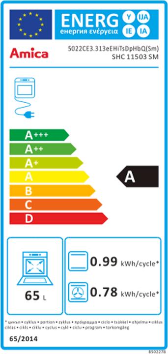 Energie-Label Amica Standherd mit Glaskeramik-Kochfeld SHC 11503 SM Nutzvolumen 65 l BxHxT 500 x 850 x 600 mm