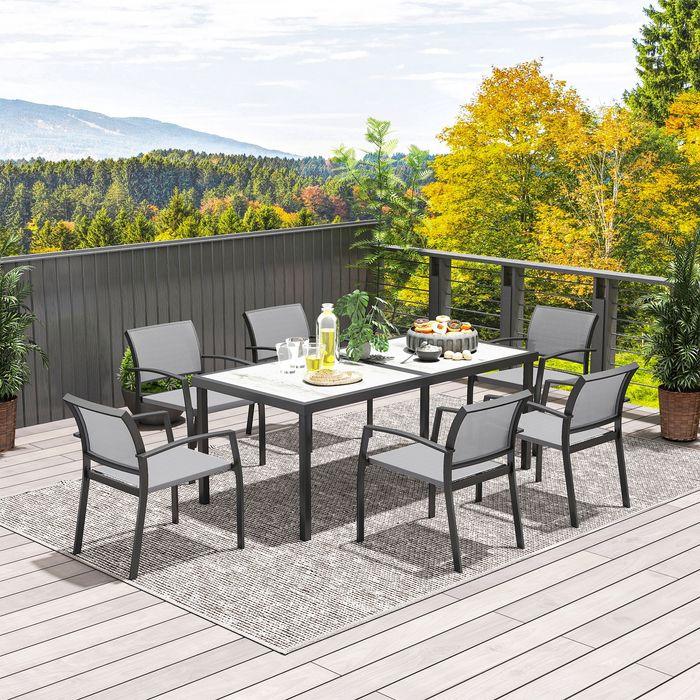 Produktbild Swisshandel24 7 tlg. Essgruppe für 6 Personen, Stühle stapelbar, Stahlgestell, Grau (87 cm)