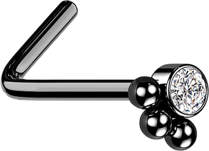 Produktbild Star Piercing Nasenstecker gewinkelt schwarz Kristall mit drei Kugeln (ohne Messing, Chirurgenstahl 316L)