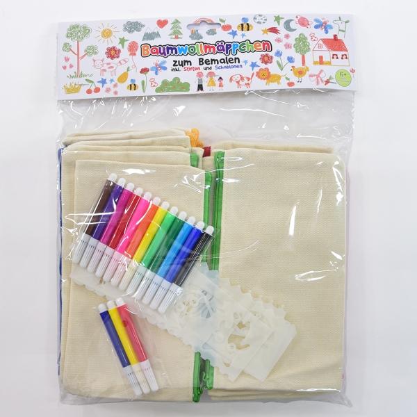 Produktbild Kögler Baumwollmäppchen zum Bemalen, Set mit 15 Mäppchen, 15 Stiften und 5 Schablonen, 20x12x0,5cm