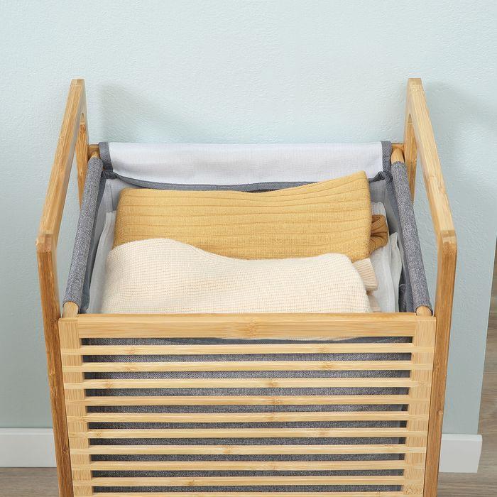Image du produit Swisshandel24 Panier à linge avec sac à linge lavable et sac à linge en bambou polyester lin Nature+Gris