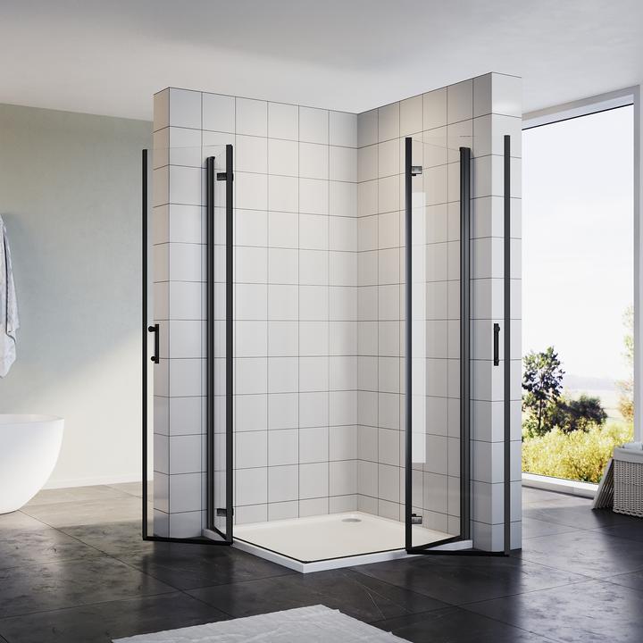 Immagine prodotto SONNI ingresso angolare, box doccia, 80 x 80 cm, nero, porta a soffietto, 180 gradi, Nano-6 mm, vetro (120 cm, 120 cm, 195 cm)