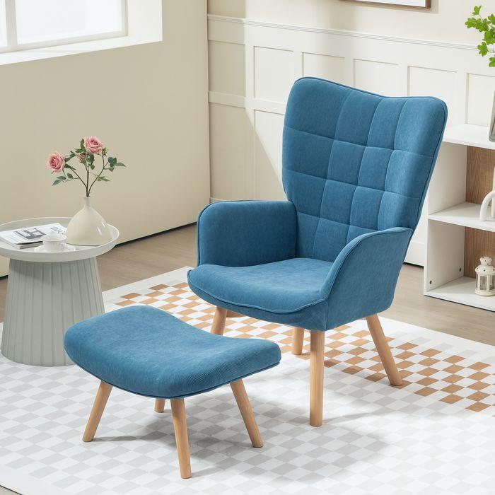 Image du produit Swisshandel24 Sessel mit Hocker, Ohrensessel mit Hoher Rückenlehne, Holzbeine, Cord, Blau