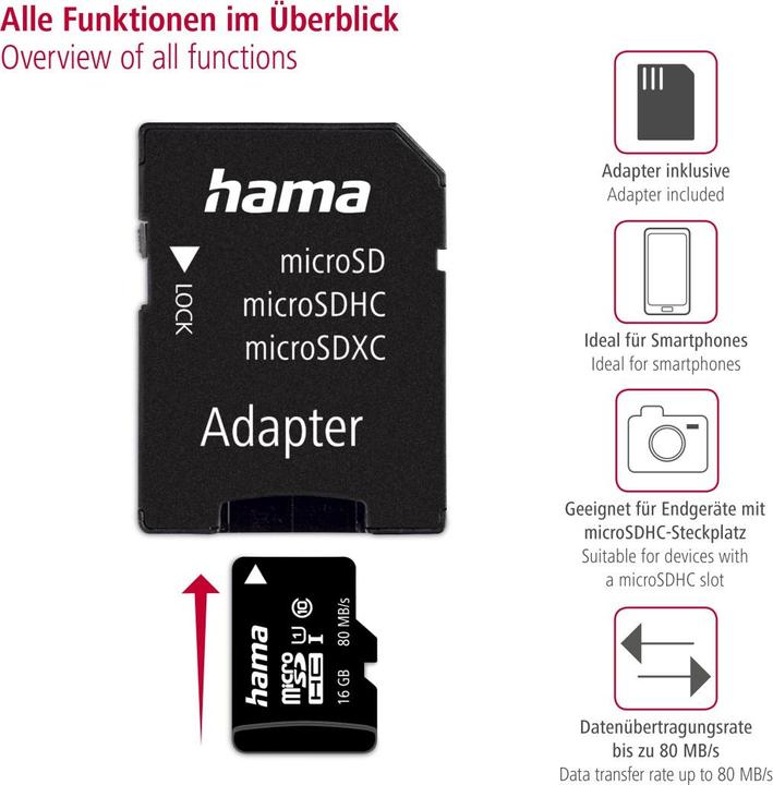Immagine prodotto Hama microSDHC 16GB + adattatore/mobile (16 GB, microSDHC, U1, UHS-I)