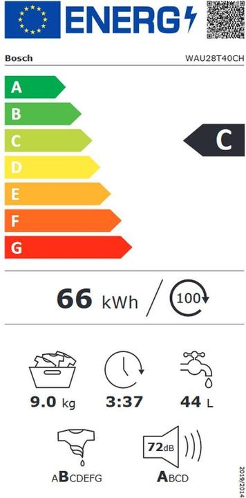 Label énergétique Bosch Hausgeräte Serie6 WAU28T40CH (9 kg, Gauche)