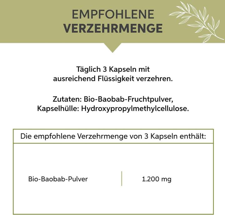 Nutritional values and ingredients Eltabia Organic Baobab Capsules | High Dose 1290mg daily dose (100 Piece, Capsules)