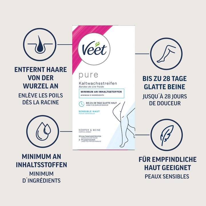 Produktbild Veet Kaltwachsstreifen sensible Haut Pure für Beine & Körper (446.50 ml, 20 x, 45 g)