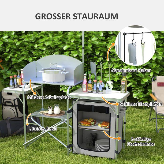 Produktbild Swisshandel24 Campingküche, faltbar, 3 Arbeitsplatten, Windschutz, Stoffschrank, 144x48x119cm, Silber