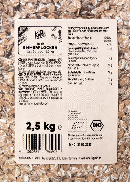Valeurs nutritives et ingrédients KoRo Flocons d'amidonnier bio grande feuille (2500 g)