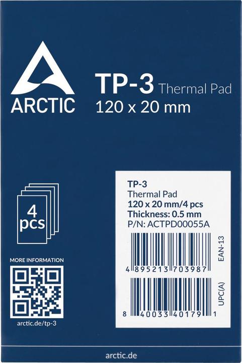 Image du produit Arctic TP-3 (120x20mm, t:0.5mm) Pack de 4pcs (0.50 mm, 6 W/m K)