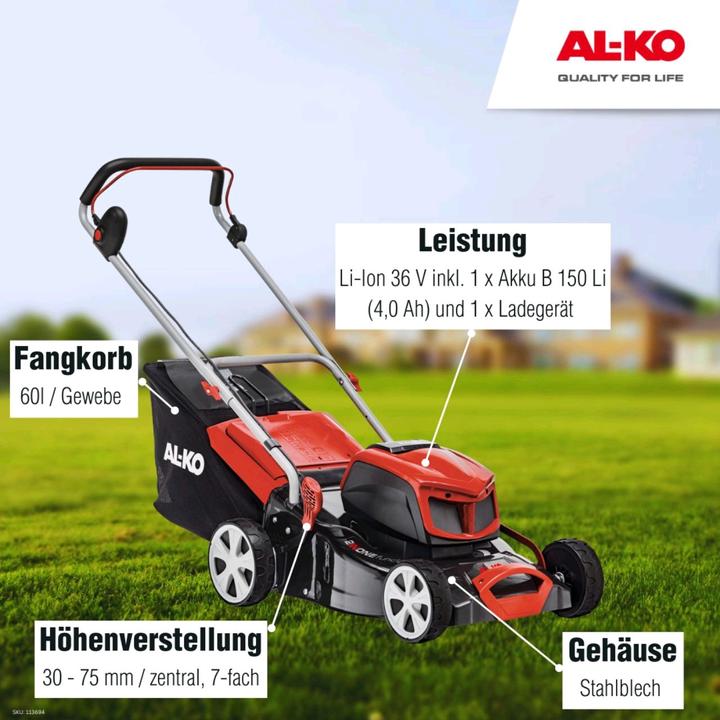 Image du produit AL-KO Tondeuse à gazon sans fil 42.9 Li 36 V (batterie Li-Ion 40 V / 4 Ah, largeur de coupe 42 cm,... (Fonctionnement sur batterie)