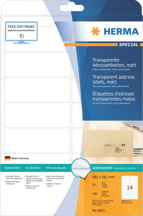 Image du produit HERMA Étiquettes d'adresse transparentes A4