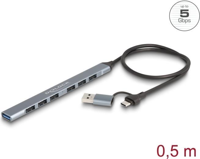 Produktbild Delock 7 Port Slim USB Hub mit USB Type-C oder USB Typ-A zu (USB-C, USB-A, 7 Ports)