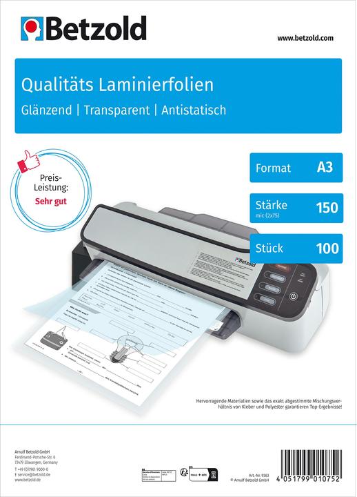 Produktbild Betzold Karton mit 100 Laminierfolien, DIN A3, 150 mic (A3, 100 Stück, 150 µm)