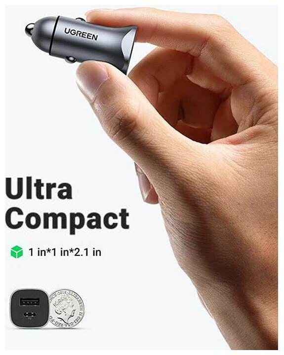 Actual product image Ugreen CD130 Car Charger, USB-A+PD 3.0, USB-C, QC3.0 30W (Grey)