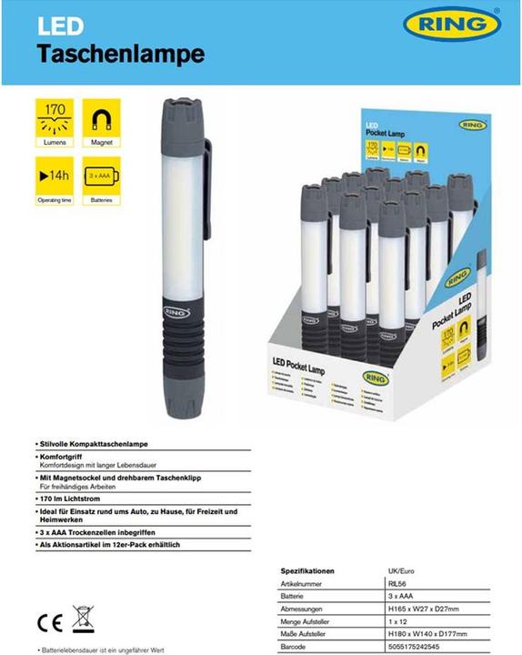 Produktbild Ring Automotive LED Leuchtstab inklusive Batterien, mit Magnet-Sockel und drehbarem Taschenklipp