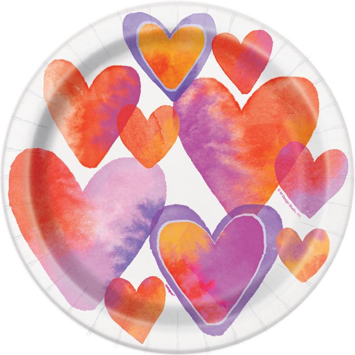 Produktbild Unique Party Aquarell Herzen WegwerfTeller Papier Valentinstag 8erPack (8 x)