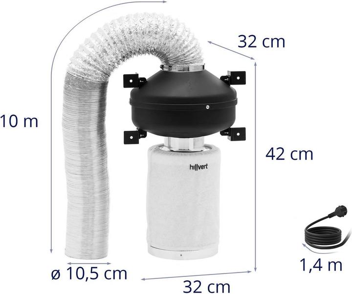 Actual product image Hillvert Air Filter Set - 30 cm activated carbon filter / extraction fan / exhaust air hose - 249,6 m³/h - Ø