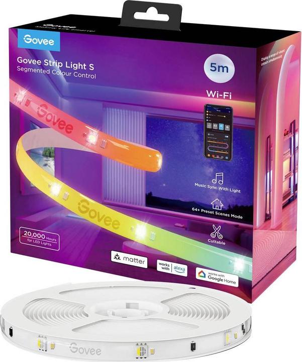 Productafbeelding Govee LED Stripe Light S, Wi-Fi / Bluetooth / Matter, 5 m, RGBIC (RGBIC, 500 cm, Interieur)