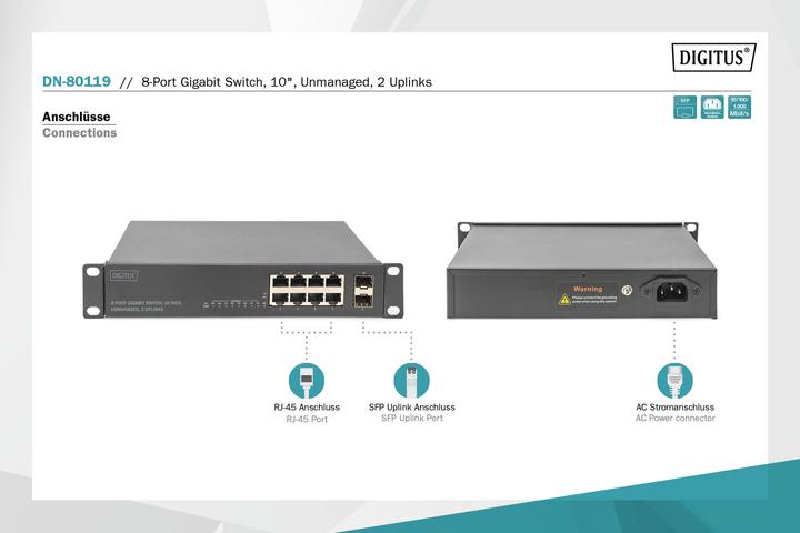 Immagine prodotto Digitus Switch Gigabit 8 porte, 10 pollici, non gestito, 2 Uplink (8 Porti)