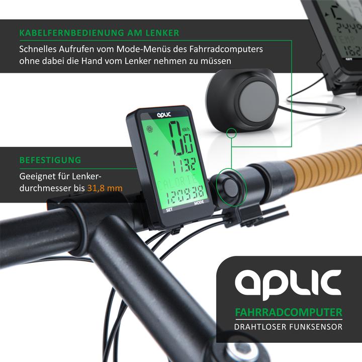 Produktbild Aplic Velocomputer, Fahrradcomputer, 17 Funktionen, kabellos, inkl. Geschwindigkeitssensor, Tachometer