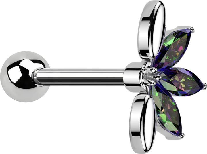 Produktbild Star Piercing Micro Barbell silber mit Kugel und Fächer silber drei ovale Kristalle dunkel multicolor (Chirurgenstahl 316L, Messing)