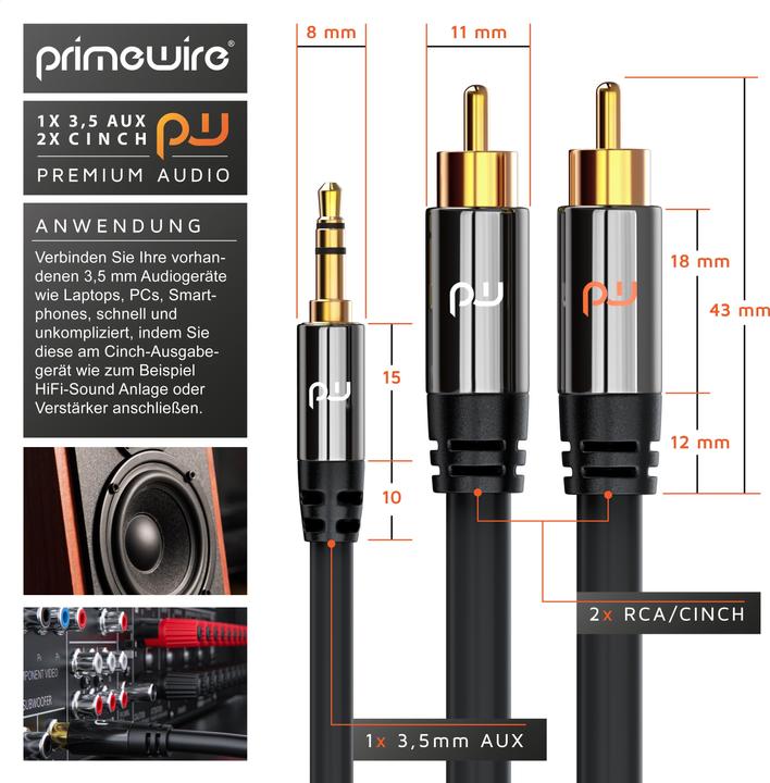 Produktbild Primewire Cinch zu 3,5mm Klinke Audio Kabel, Cinchkabel, RCA, AUX, Stereo HiFi Adapter mehrfach geschirmt (5 m, 3.5mm Klinke (AUX), Cinch)