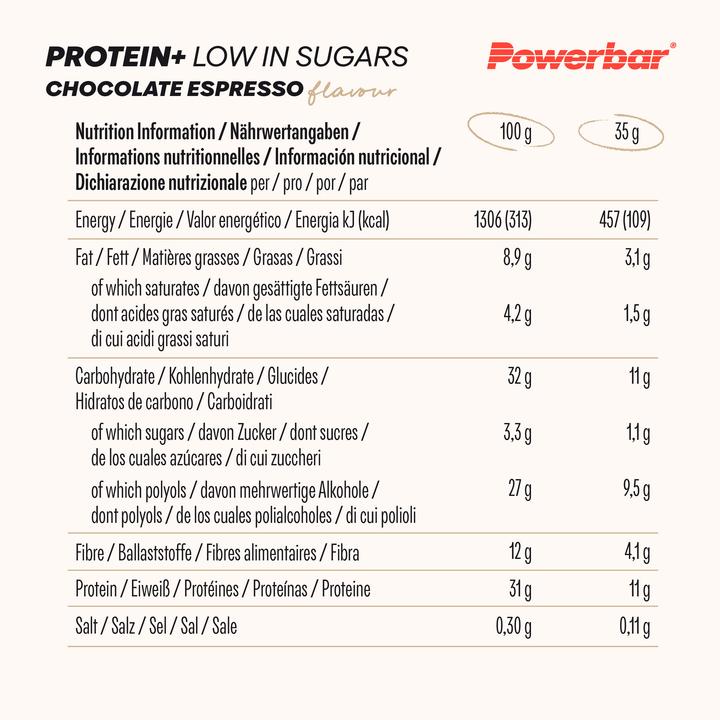 Valeurs nutritives et ingrédients Powerbar Protein Plus Low Sugar (Expresso, Chocolat, 16 pcs, 560 g)