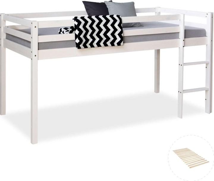 Produktbild Floki24 Hochbett Spielbett Kinderbett mit Lattenrost Leiter Holz Massiv, weiss - 90x200 cm (90 x 200 cm)